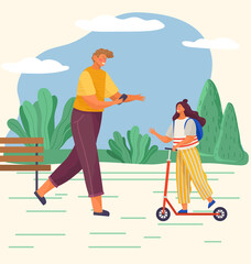 Fototapeta premium Family is walking in the park in spring or summer in warm weather. Father is walking with a phone in his hands and looking at his daughter riding a scooter. Young family is enjoying a stroll