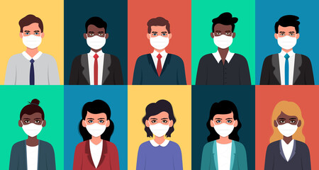 Icon set of business man and business woman wearing mask.
