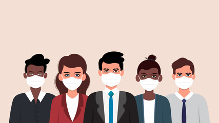 Group of people wearing medical mask to prevent from corona virus. Vector illustration.