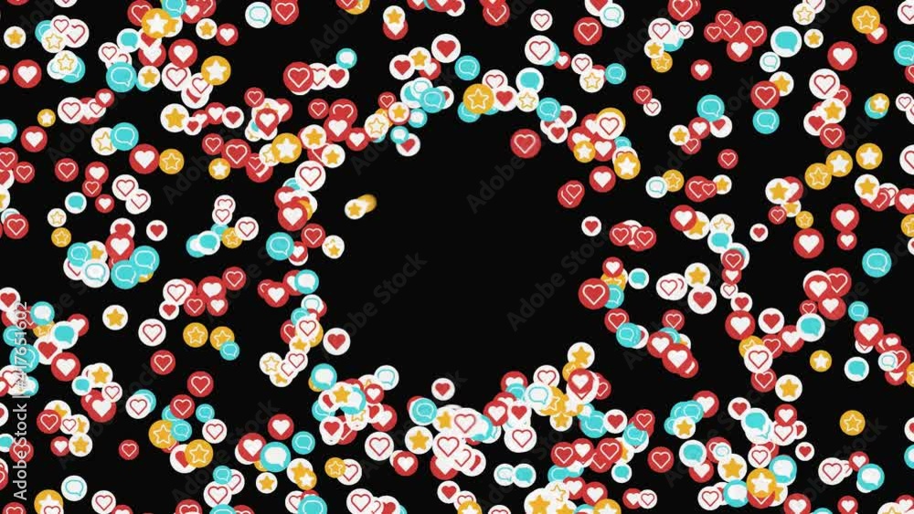Poster colorful stream of signs of social networking. animation. stream of colorful balloons with social me