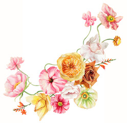 spring bouquet of wildflowers. watercolor illustration of summer flowers. poppy, peony rose, tulip