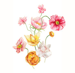 spring bouquet of wildflowers. watercolor illustration of summer flowers. poppy, peony rose, tulip - 417651699