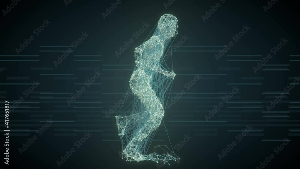 Fototapete Silhouette of a running man from lines and dots. 3d rendering loop animation. 4K