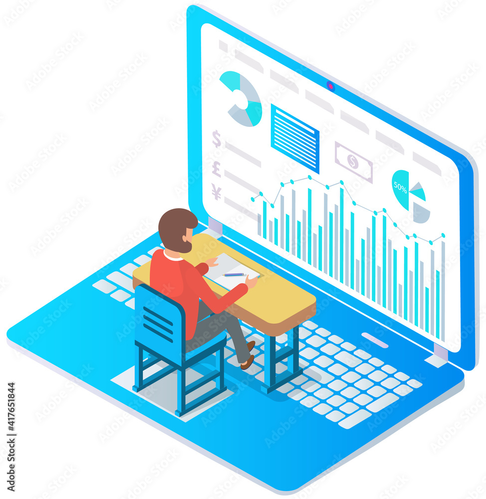 Poster concept of digital technology. businessman sitting at desk in front of laptop and looks at growth st