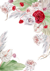 watercolor illustration, bouquet with red and white roses, template for a greeting card. tropical flowers