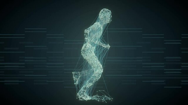 Silhouette of a running man from lines and dots. 3d rendering loop animation. 4K