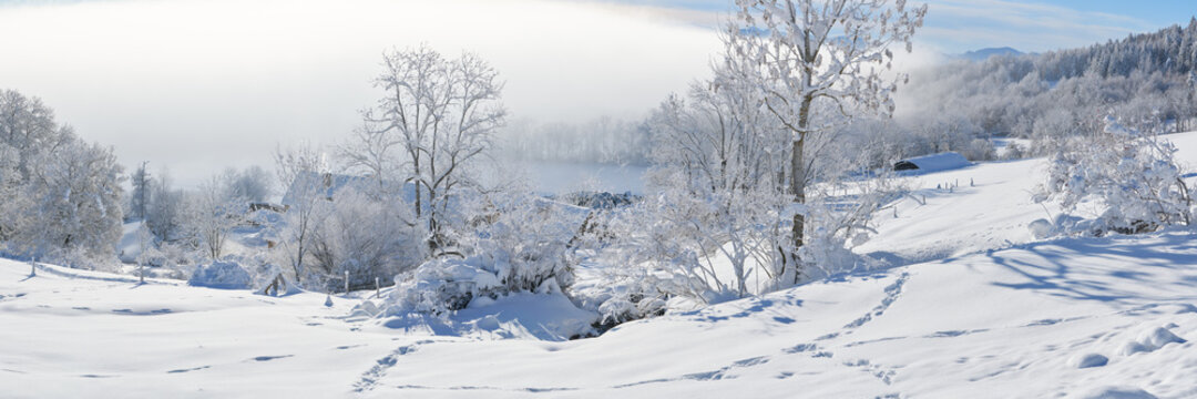 Panoramic winter scene at Gleize Pass in Champsaur with fresh snow. Hautes-Alpes, European Alps, France