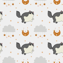 Seamless vector pattern with cats, stars and moon. Trendy baby texture for fabric, wallpaper, apparel, wrapping
