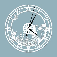 Simple clock face with roman numerals and a hare. Vector template for laser cut. Silhouette of dial isolated on gray background. Floral theme of illustration.