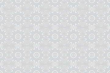 Geometric white background. Volumetric composition from a relief ethnic pattern. Wallpaper with 3D effect of a convex shape for presentation. 