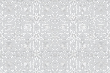 Obraz premium Geometric artistic white background. Volumetric composition from a relief openwork ethnic pattern. Wallpaper with 3D effect of a convex shape for design.