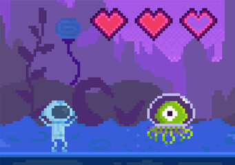 Fototapeta premium Pixel game interface layout design. Cartoon character goes to unidentified object. Alien attacks astronaut with incomplete health. Man raises his hands up and looks through helmet at danger