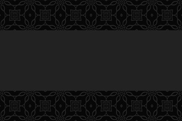 Geometric abstract black background. Volumetric composition from a relief ethnic pattern. Horizontal inserts with 3D effect of a convex shape inspired by the peoples of the East.