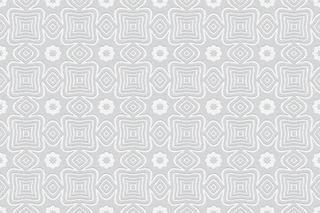 Geometric trendy white background. Volumetric composition of a relief pattern. Wallpaper with a 3D effect of a convex shape with ethnic elements for design and decor.