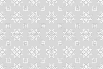 Geometric white background with flowers. Volumetric composition from a relief pattern in an artistic style. Wallpaper with 3D effect of a convex shape with ethnic elements.