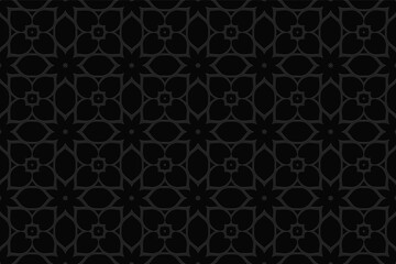 Geometric black background. Volumetric composition of a relief pattern. Wallpaper with a 3D effect of a convex shape with ethnic elements in the style of a stained glass window.