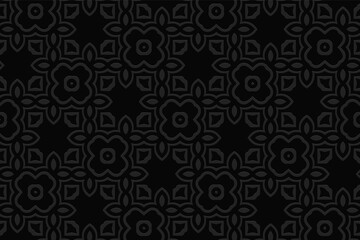 Geometric floral black background. Volumetric composition of a relief ethnic pattern. Beautiful wallpaper with 3D effect of a convex shape.