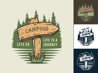 Set of camp wooden pointer for camping and outdoor travel expedition or t-shirt print, emblem - obrazy, fototapety, plakaty