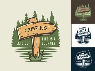 Foto op Plexiglas Set of camp wooden pointer for camping and outdoor travel expedition or t-shirt print, emblem © Casoalfonso