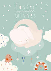 Happy Easter greeting card – Easter bunny sleeping on a cloud. Lettering Easter wishes. Vector illustration in retro design.