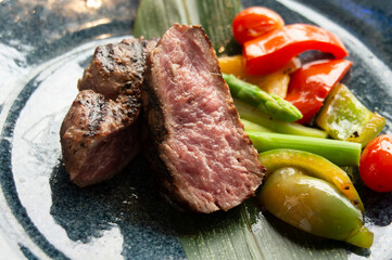 Cut or slice the medium-roasted steak on a plate. steak fillet