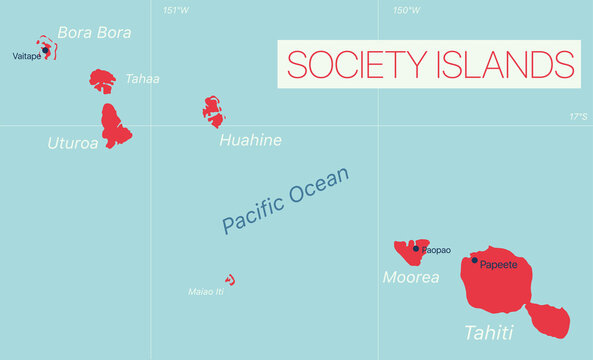 Society Islands detailed editable map with cities and towns, geographic sites. Vector EPS-10 file