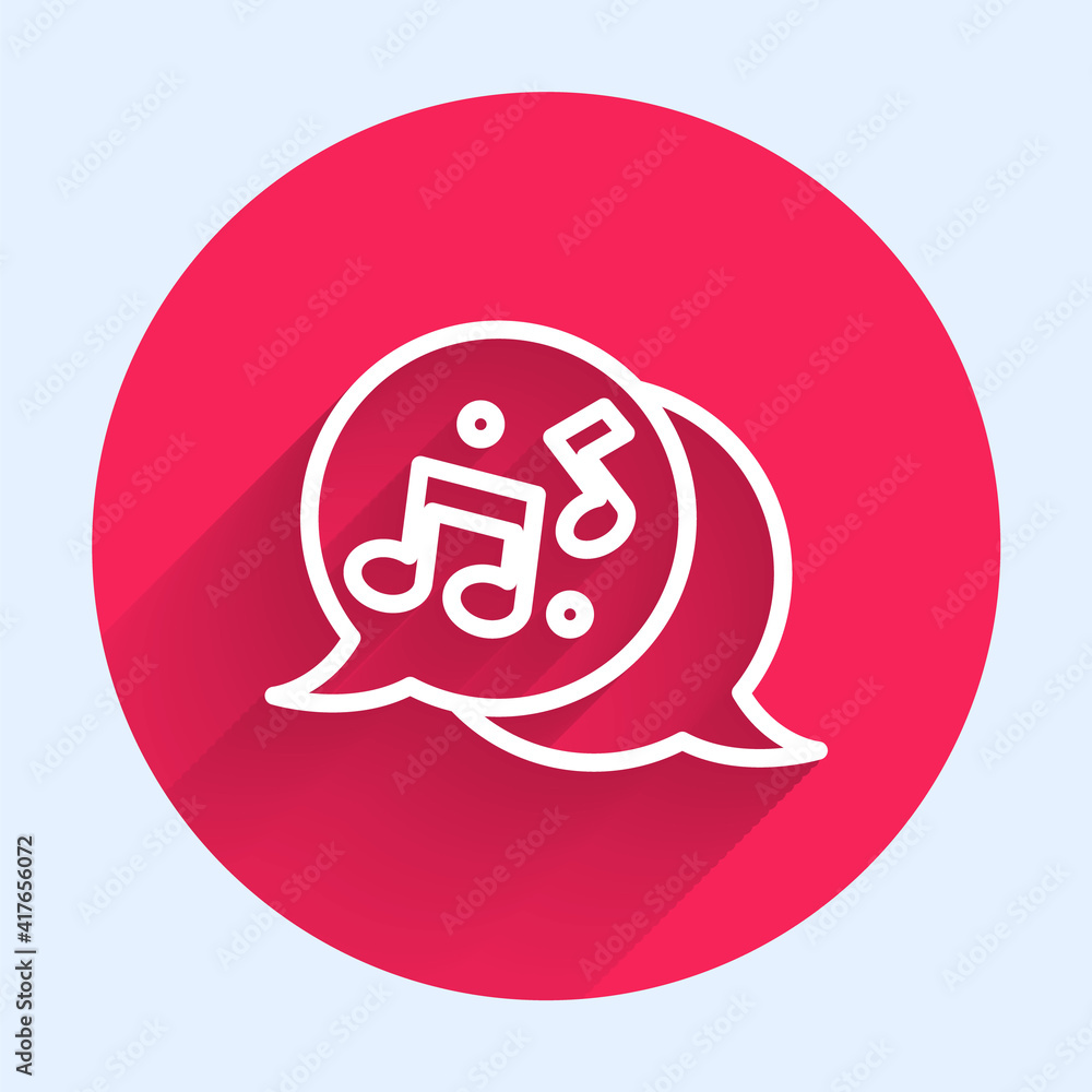 Poster white line music note, tone icon isolated with long shadow. red circle button. vector.