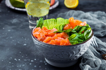  Carbohydrate Free Keto Diet Bowl. Spinach, salmon, avocado and tomatoes in a bowl on the table close-up