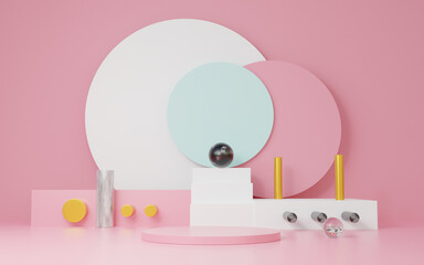 pink podium display 3D illustration with geometric shapes circle, pedestal on Curved wall the platform for background product presentation minimal style, promotion, showcase, copy space, sale
