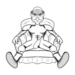 Black and white hand drawn skeleton t-shirt design with an alien sitting on a sofa