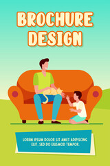Happy dad with son and cat at home. Family enjoying leisure time together flat vector illustration. Parenthood, pet care, father concept for banner, website design or landing web page