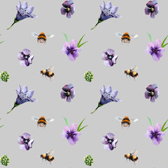 Seamless pattern with flowers bells, forget-me-nots and a bee with a flying bumblebee on a gray background, hand-drawn watercolor illustration for fabric design, packaging, wallpaper, print.