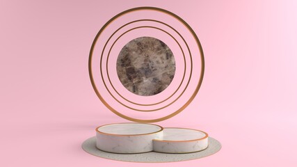 3D rendering of Round stone Pedestal. Bending a golden circle frame And the marble in the middle is the art dimension behind the podium and can be used for advertising, Isolated on pink background.