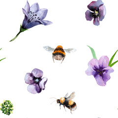 Seamless pattern with bells, small forget-me-nots and a bee with a flying bumblebee on a white background, hand-drawn watercolor illustration for fabric design, packaging, wallpaper, print.