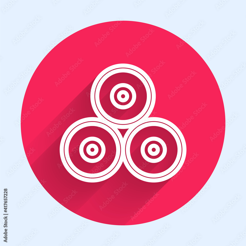 Poster white line paint spray can icon isolated with long shadow. red circle button. vector.