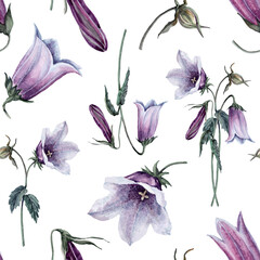 Seamless pattern with watercolor drawing of bells and leaves with buds on a white background, hand drawn illustration for fabric design, packaging, wallpaper, print.