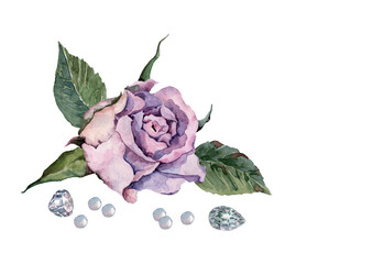 Pink rose with green leaves decorated with pearls and precious stones. Hand drawn watercolor painting on white background for design of cards, wedding invitations, print, background, packaging, textil