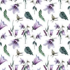 Seamless pattern with watercolor drawing of bells and leaves with buds on a white background, hand drawn illustration for fabric design, packaging, wallpaper.
