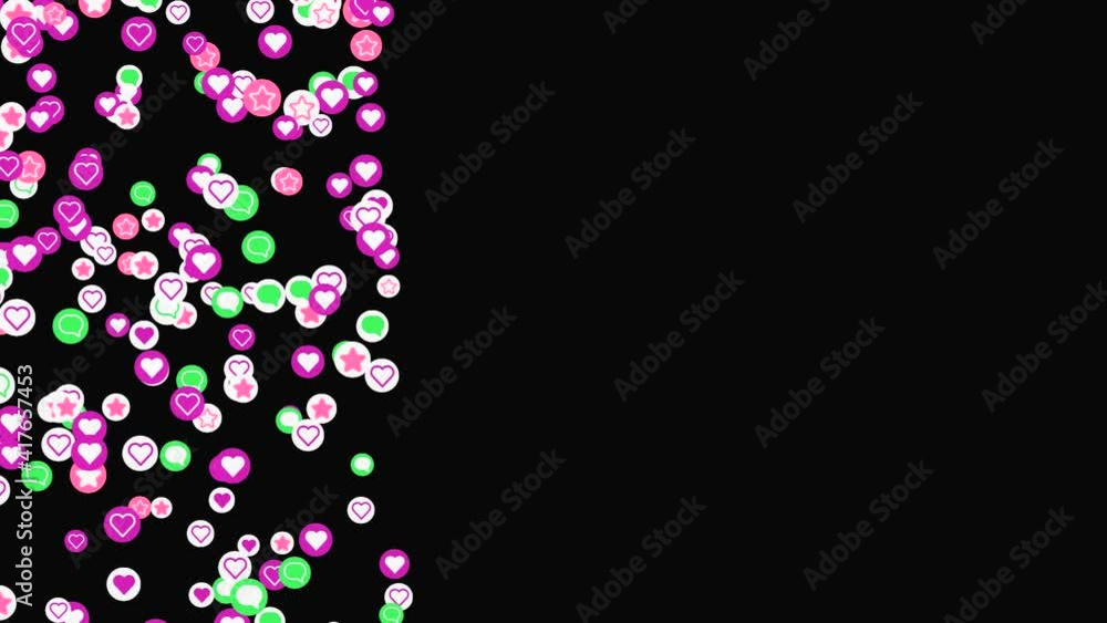 Poster stream of colorful notification icons. animation. many circular social media icons move in stream on