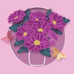 Origami, flowers with butterflies. Chrysanthemums in a jug. Postcard for the holiday. Design for the holidays.