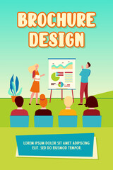 Happy company coaches and employees meeting in conference room. Speaker presenting diagram on flipchart, performing with lecture. Vector illustration for business training, presentation concept