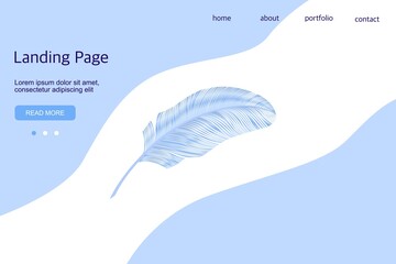 Abstract background with feather. Template for landing page, cover. Realistic blue feather. Minimalism style. 