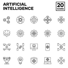 Artificial Intelligence icon set, like brains, chipsets, technology, machines, computing, and internet networks. Editable stroke and pixel perfect icons.