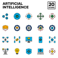 Artificial Intelligence icon set with filled line style, like brain, chipset, technology, machine, computing and internet network. Editable stroke and pixel perfect icons.