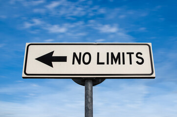 Fototapeta premium No limits road sign, arrow on blue sky background. One way blank road sign with copy space. Arrow on a pole pointing in one direction.