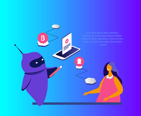 Smart Chat bot Robot teaches helping Children giving them Financial knowledge in the Internet. Online Education Business School. Students, Pupils learn cryptocurrency bargains Flat vector illustration