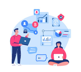 Young Startup Working Online.Businesswoman,Man,Colleagues,Telework Freelancers. Remote Workplace.Distance Job Accounting.Crypto Internet Discussion. Internet, Laptop Computer. Flat Vector Illustration