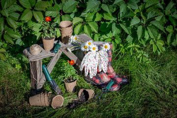 Still life with garden tools on a background of green grass.