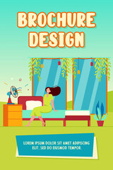 Fototapeta premium Happy woman with flying hair sitting at air fan, cooling in heat room. Vector illustration for hot weather, summer, conditioning at home concept