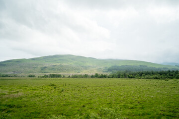 Scenic Landscape View of Mountain Forest with Fog, in Scottish Highland.